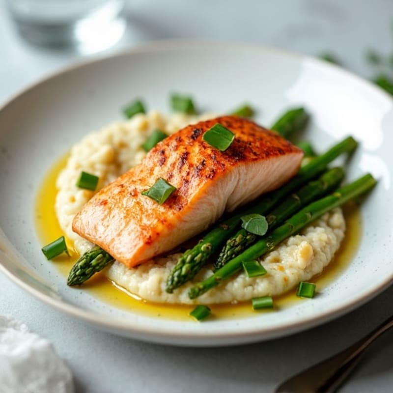 Seared Salmon with Steamed Asparagus and Cauliflower Mash