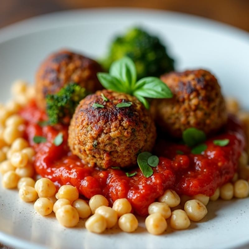 Hearty Vegan Lentil Meatballs with Fresh Marinara and Roasted Broccoli