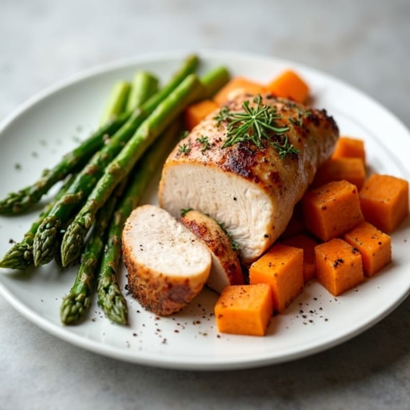 Seared Turkey Breast with Herb Roasted Sweet Potatoes and Steamed Asparagus