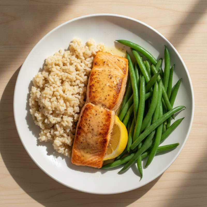 Seared Salmon with Steamed Green Beans and Brown Rice