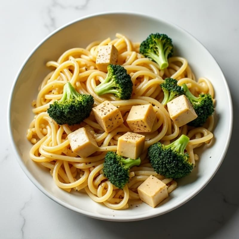 Creamy Cashew Alfredo Whole Wheat Pasta with Roasted Broccoli and Tofu