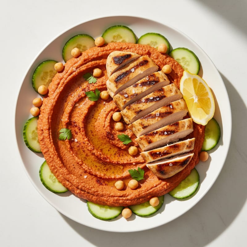 Creamy Roasted Red Pepper Hummus Bowl with Grilled Chicken
