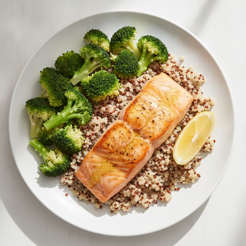 Seared Salmon with Steamed Broccoli and Quinoa