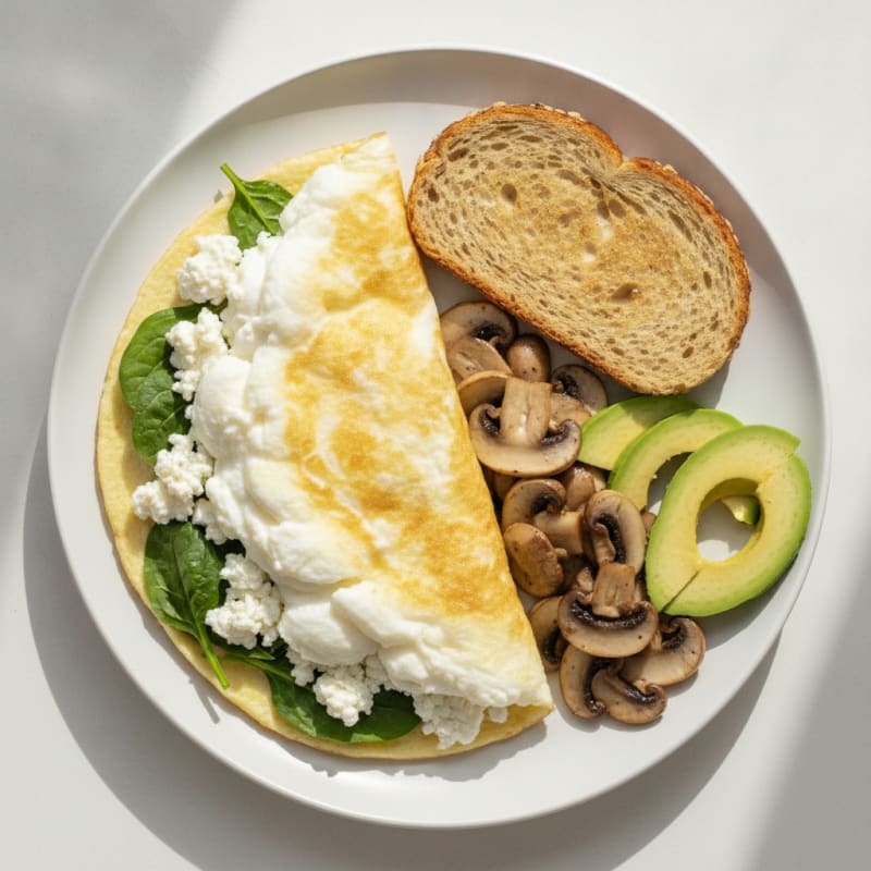 Egg White Spinach Omelette with Cottage Cheese and Sautéed Mushrooms