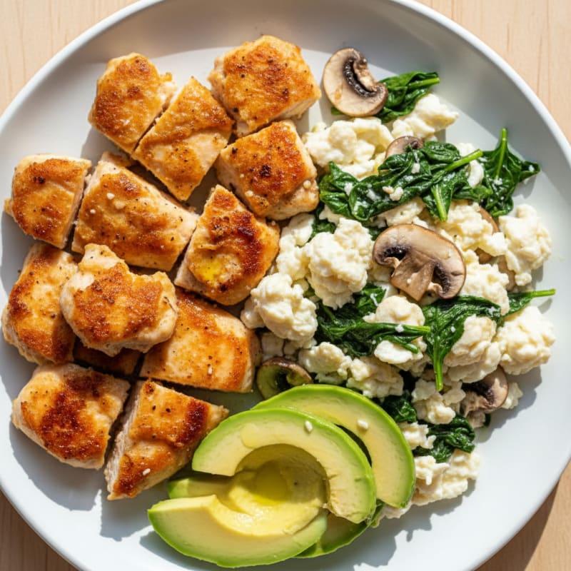 Chicken Egg White Scramble with Spinach and Mushrooms
