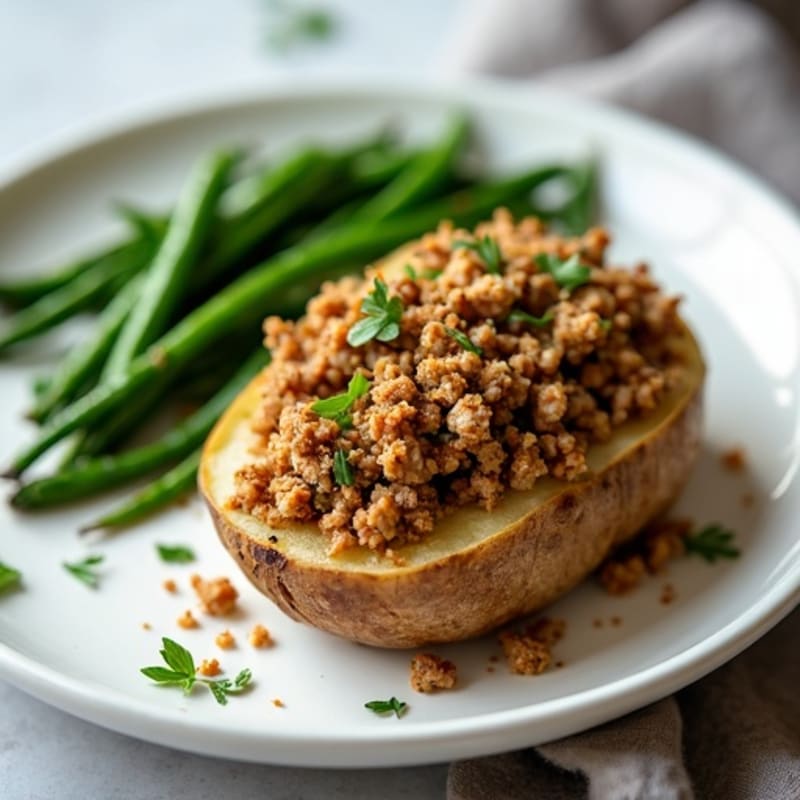 Crispy Baked Potato with Lean Ground Turkey and Roasted Green Beans