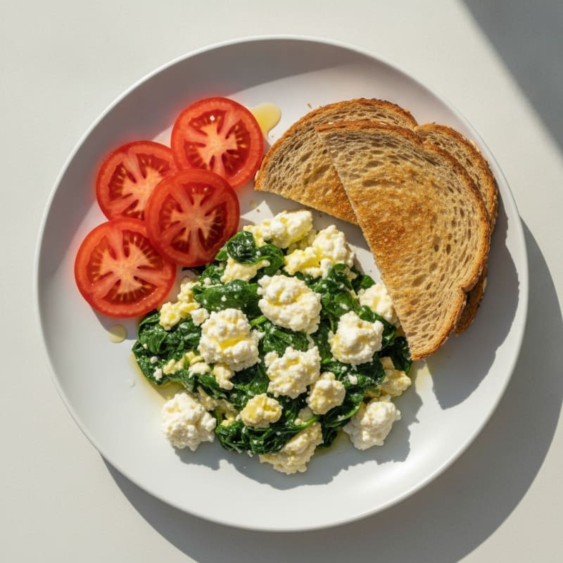Egg White Spinach Scramble with Cottage Cheese and Sliced Tomatoes