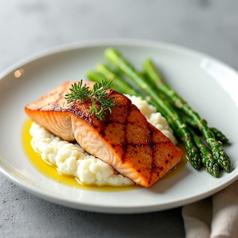 Seared Salmon with Steamed Asparagus and Cauliflower Mash