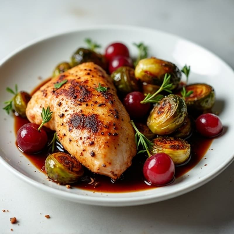Roasted Chicken with Balsamic Glazed Grapes and Crispy Brussels Sprouts