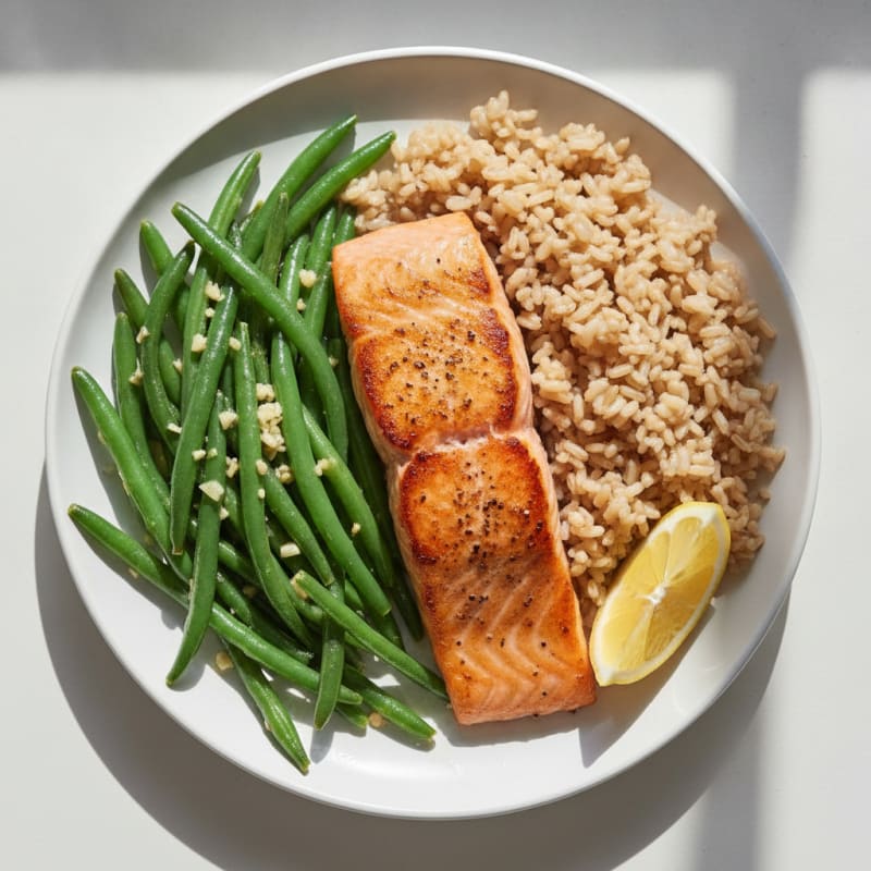 Seared Salmon Fillet with Garlic Green Beans and Brown Rice