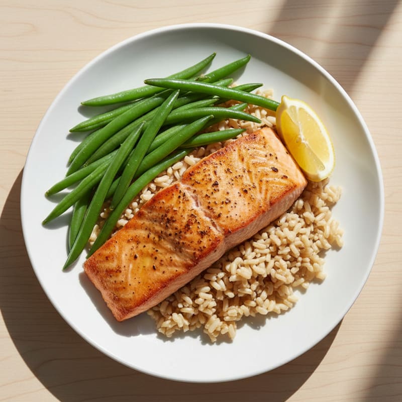 Seared Salmon with Steamed Green Beans and Brown Rice