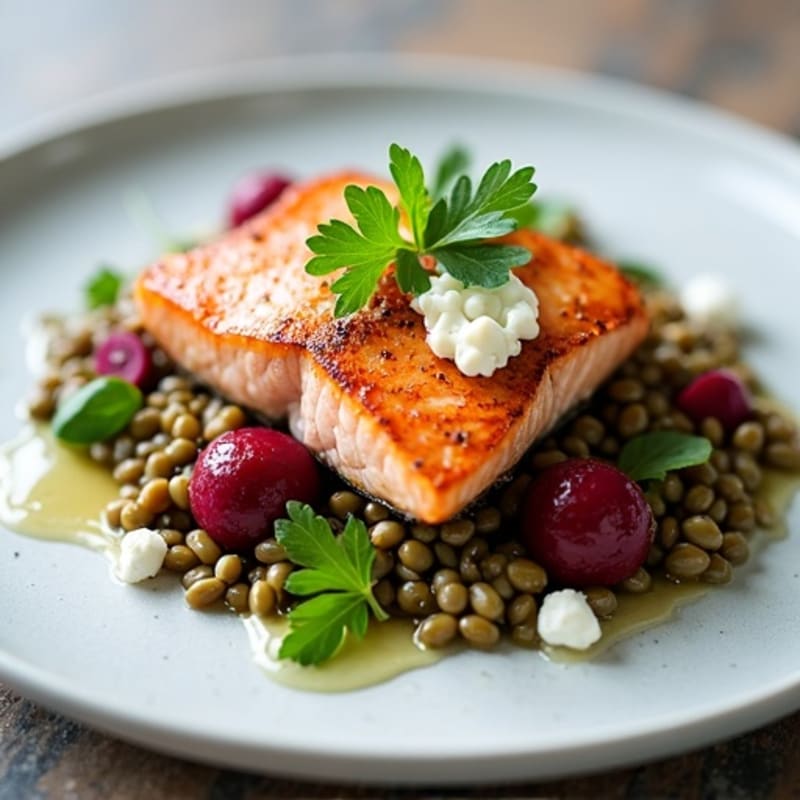 Seared Salmon with Herb Lentil Salad and Roasted Beets