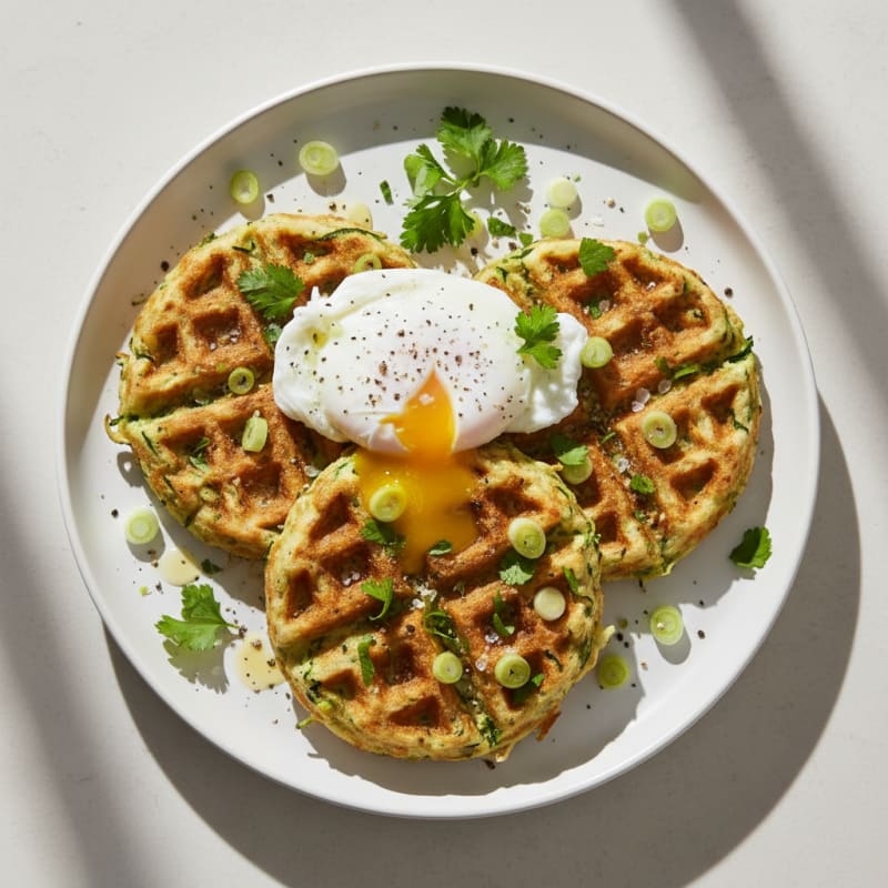 Crispy Zucchini Herb Waffles with Poached Eggs
