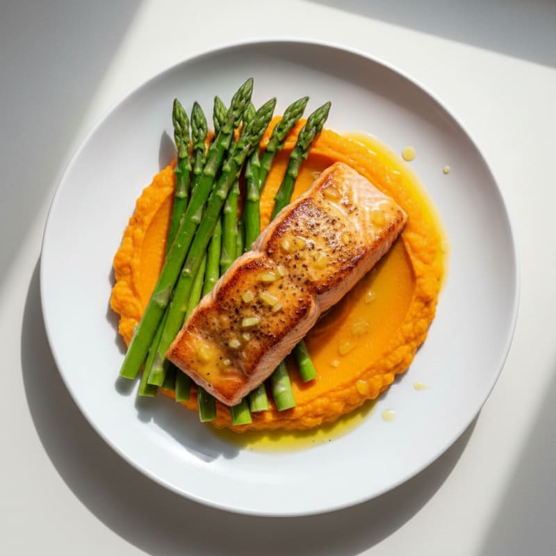 Seared Salmon Fillet with Steamed Asparagus and Sweet Potato Mash