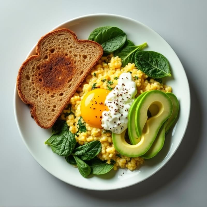 Egg White and Spinach Scramble with Cottage Cheese and Sliced Avocado