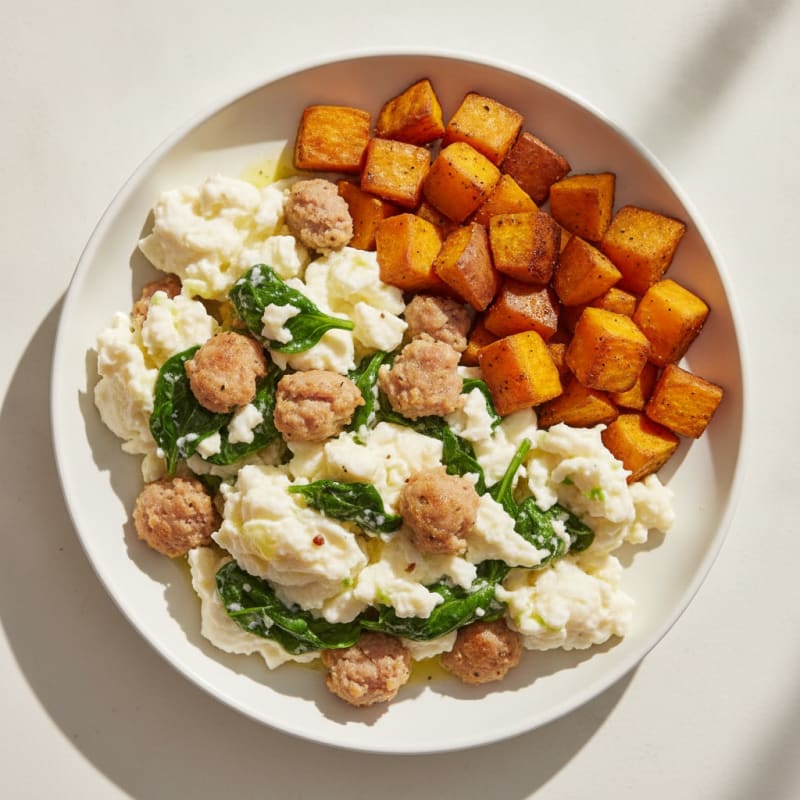 Egg White and Turkey Sausage Scramble with Spinach and Roasted Sweet Potato
