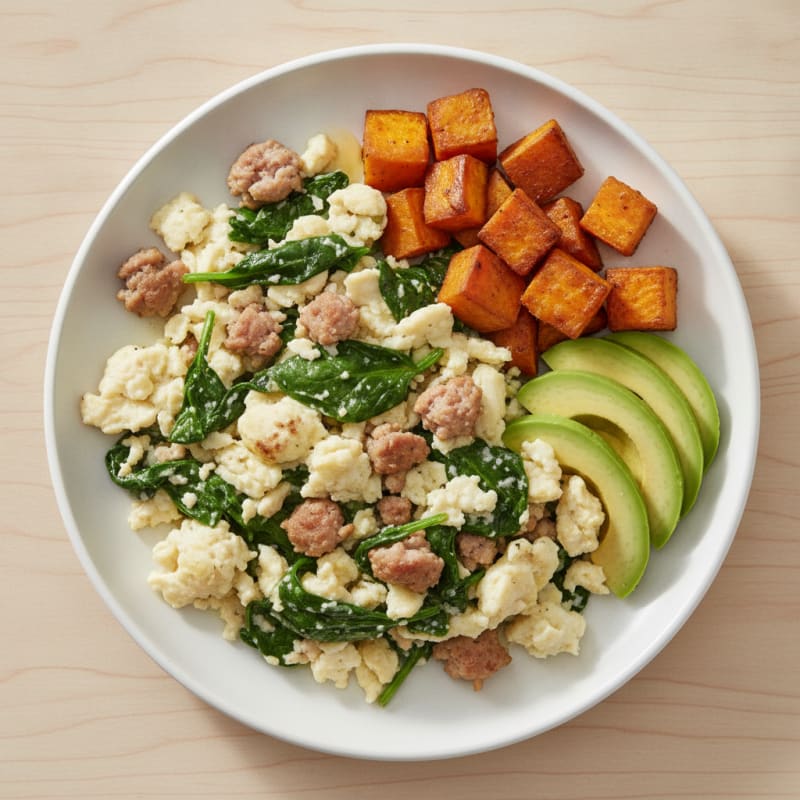 Egg White and Turkey Sausage Scramble with Sautéed Spinach