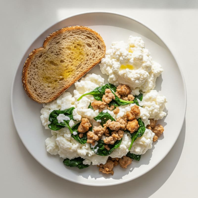 Egg White and Turkey Spinach Scramble with Cottage Cheese