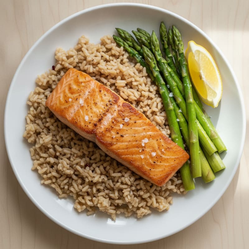 Seared Salmon with Steamed Asparagus and Brown Rice