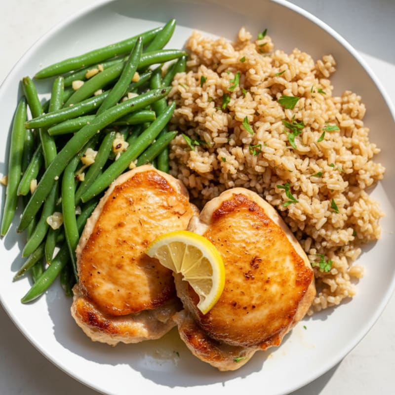 Seared Chicken Thighs with Garlic Green Beans and Herbed Brown Rice