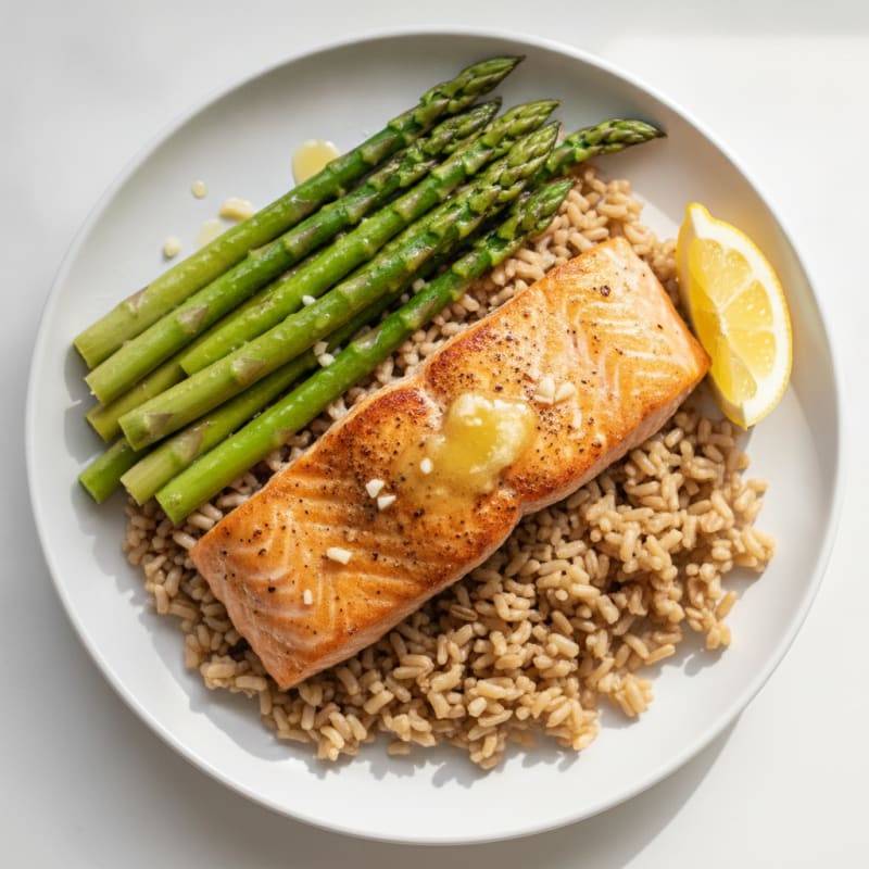 Seared Salmon with Steamed Asparagus and Brown Rice