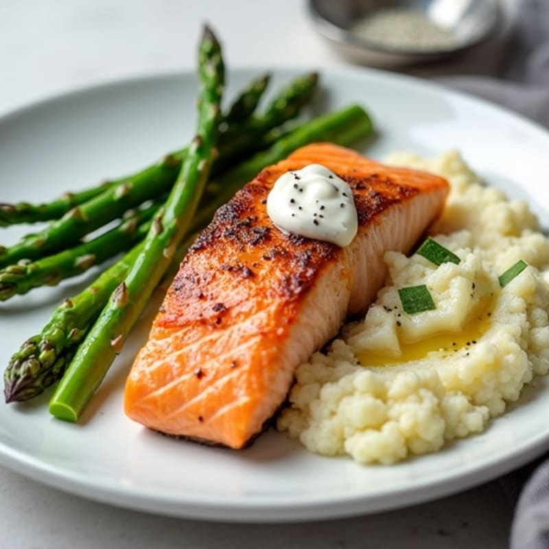 Seared Salmon with Steamed Asparagus and Cauliflower Mash
