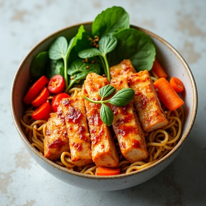 Spicy Sriracha Chicken Ramen Bowl with Fresh Vegetables