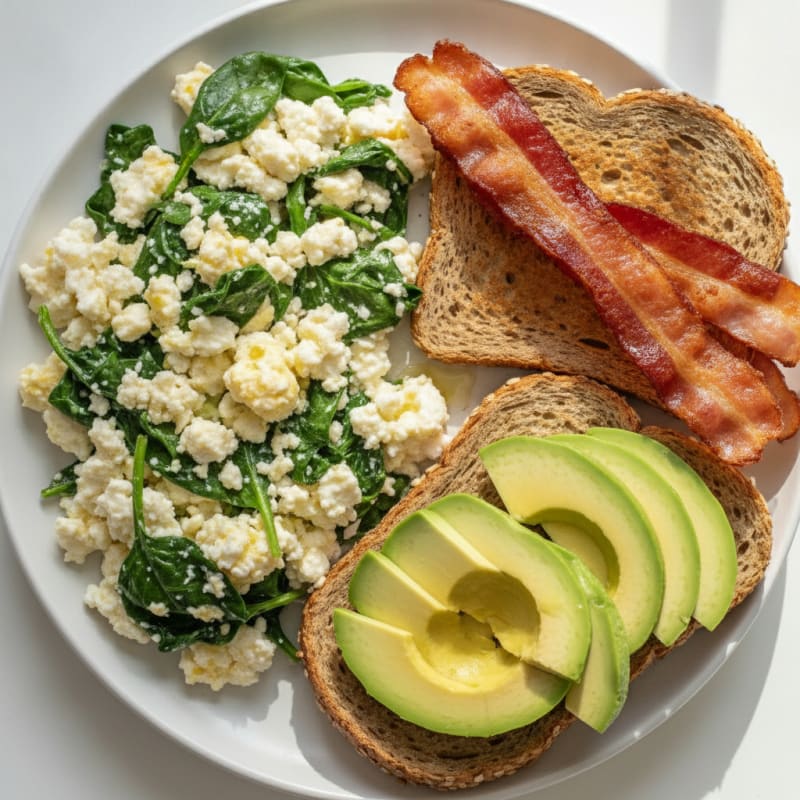 Crispy Turkey Bacon and Egg White Scramble with Cottage Cheese and Sautéed Spinach