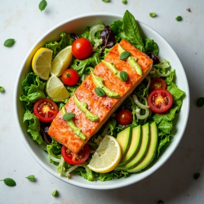 Roasted Salmon Power Bowl with Fresh Greens and Creamy Avocado Dressing