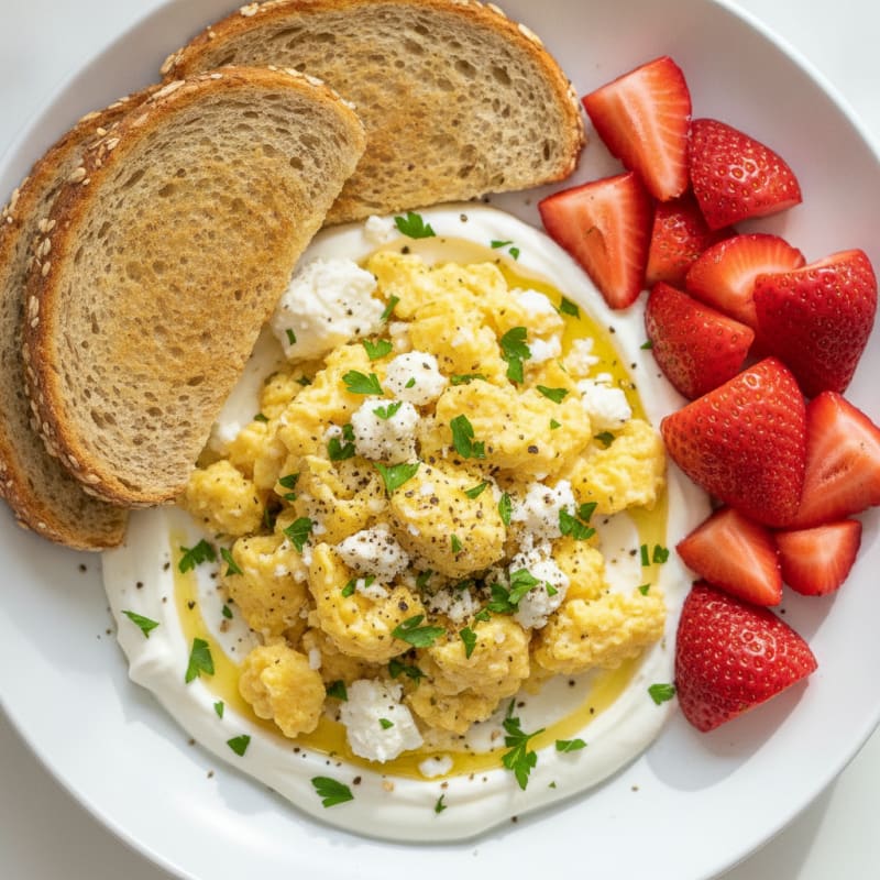 Mediterranean Eggs with Toasted Bread and Fruit