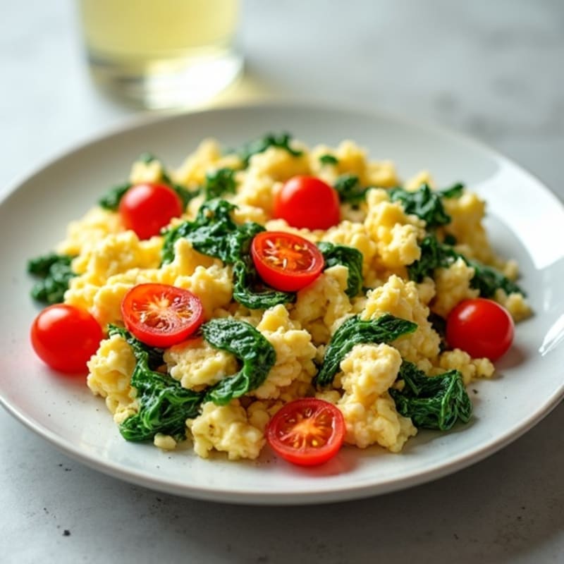 Creamy Scrambled Eggs with Sautéed Spinach and Cherry Tomatoes