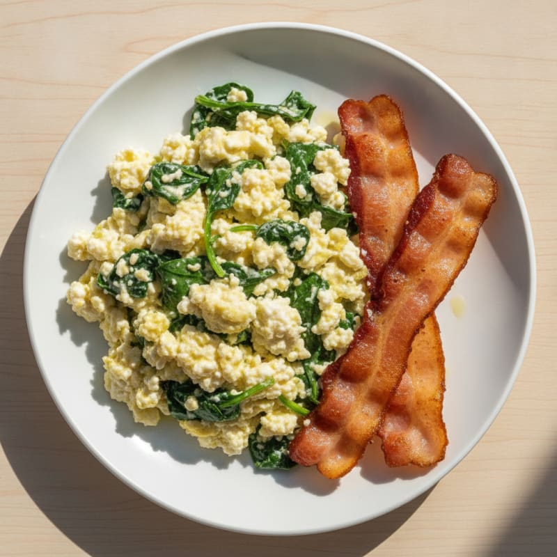 Cottage Cheese Scramble with Spinach and Turkey Bacon