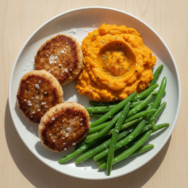 Seared Turkey Patties with Steamed Green Beans and Sweet Potato Mash