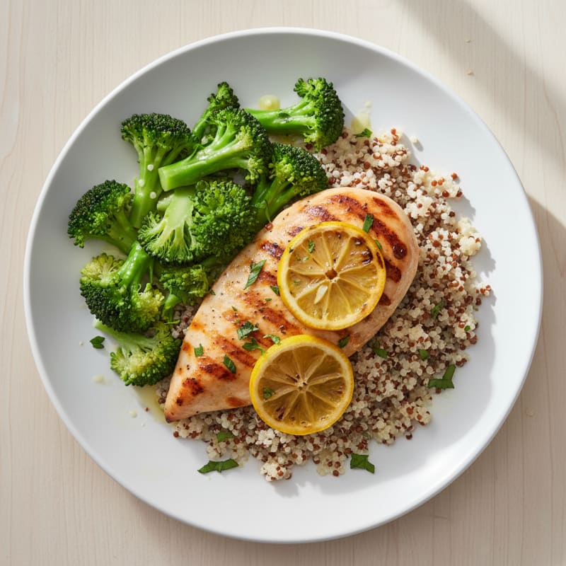 Grilled Chicken Breast with Quinoa and Steamed Broccoli