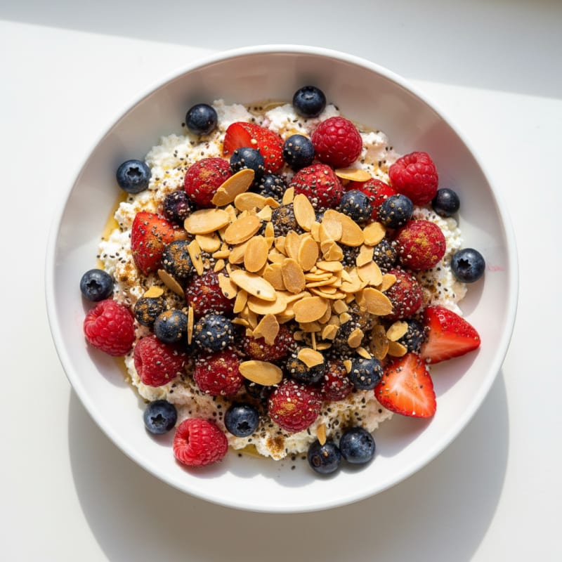 Cottage Cheese Berry Bowl with Almonds and Chia
