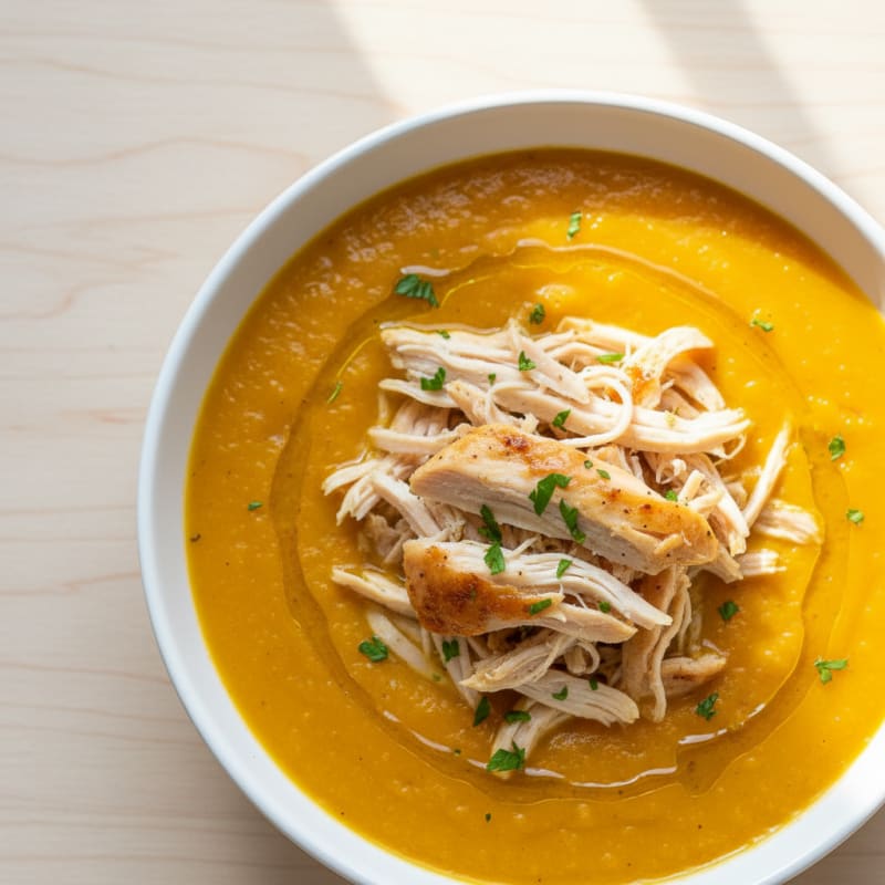 Creamy Roasted Butternut Squash Soup with Shredded Chicken