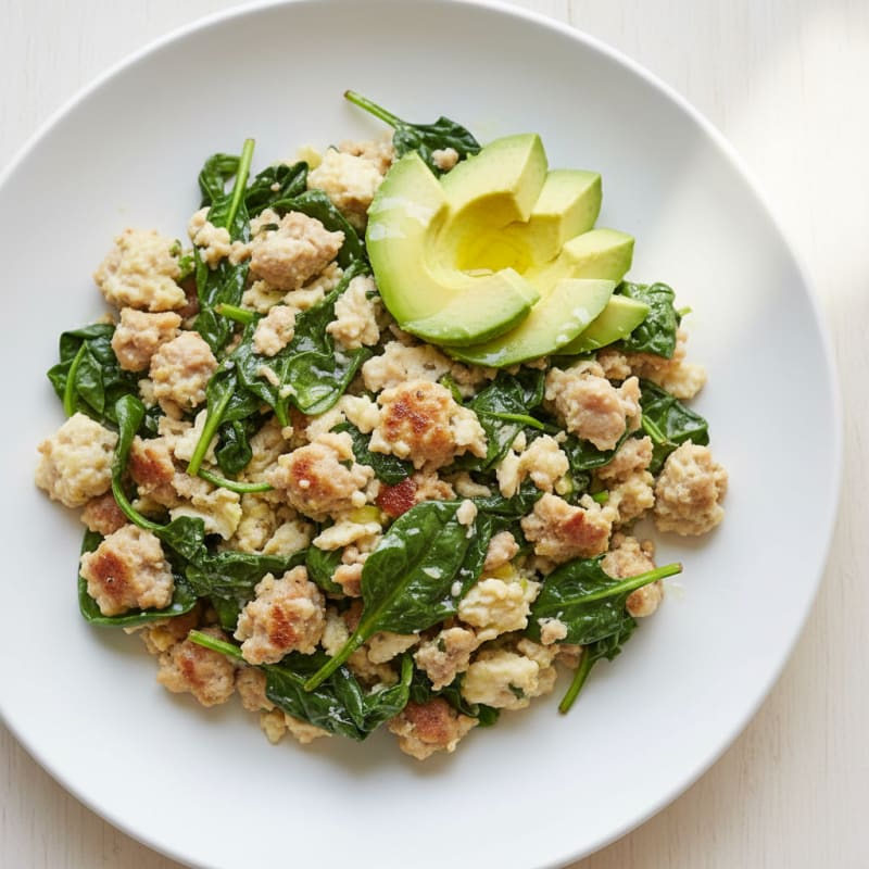 Egg White and Turkey Sausage Scramble with Sautéed Spinach