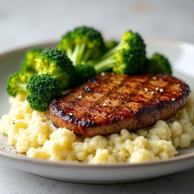 Seared Lean Steak with Roasted Broccoli and Cauliflower Mash