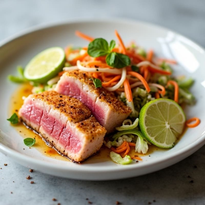Crispy Seared Ahi Tuna with Ginger-Lime Slaw