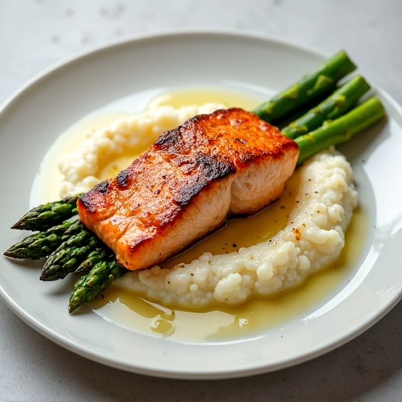 Seared Salmon with Steamed Asparagus and Cauliflower Mash