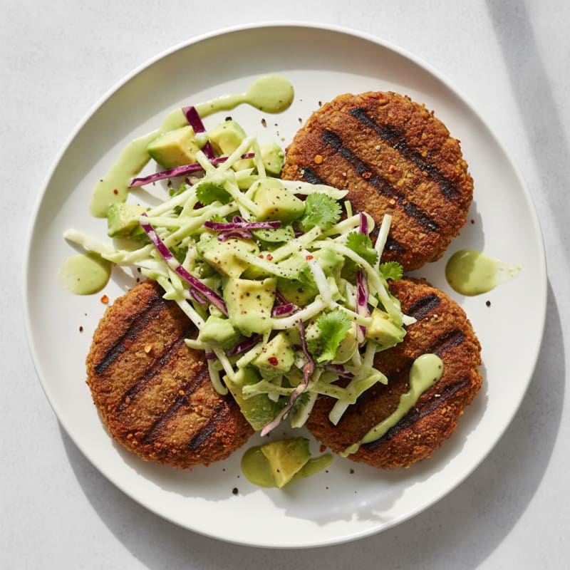 Grilled Smoky Lentil Patties with Creamy Avocado Slaw