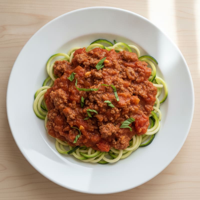 Lean Beef Spaghetti with Zucchini Noodles and Tomato Basil Sauce