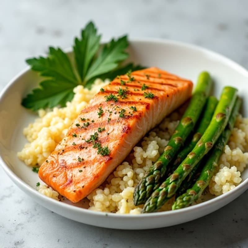 Seared Salmon Fillet with Steamed Asparagus and Lemon-Herb Cauliflower Rice