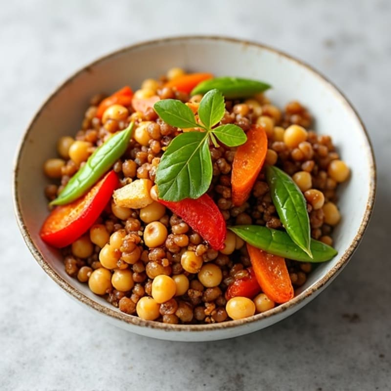 Lentil and Chickpea Vegetable Stir Fry with Edamame and Ginger Soy Glaze