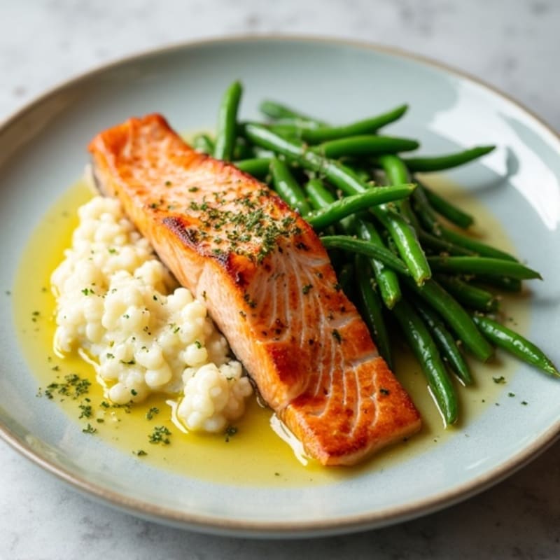 Seared Salmon with Garlic Green Beans and Cauliflower Mash