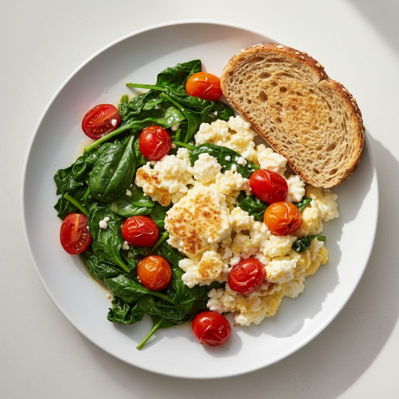 Cottage Cheese Egg Scramble with Sautéed Spinach and Cherry Tomatoes