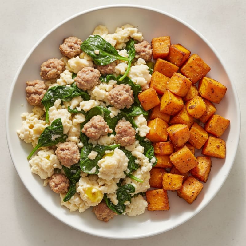 Egg White and Turkey Sausage Scramble with Spinach and Roasted Sweet Potatoes
