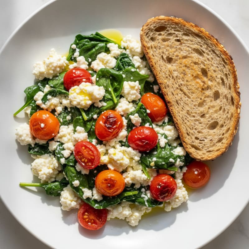 Cottage Cheese Egg White Scramble with Spinach and Cherry Tomatoes