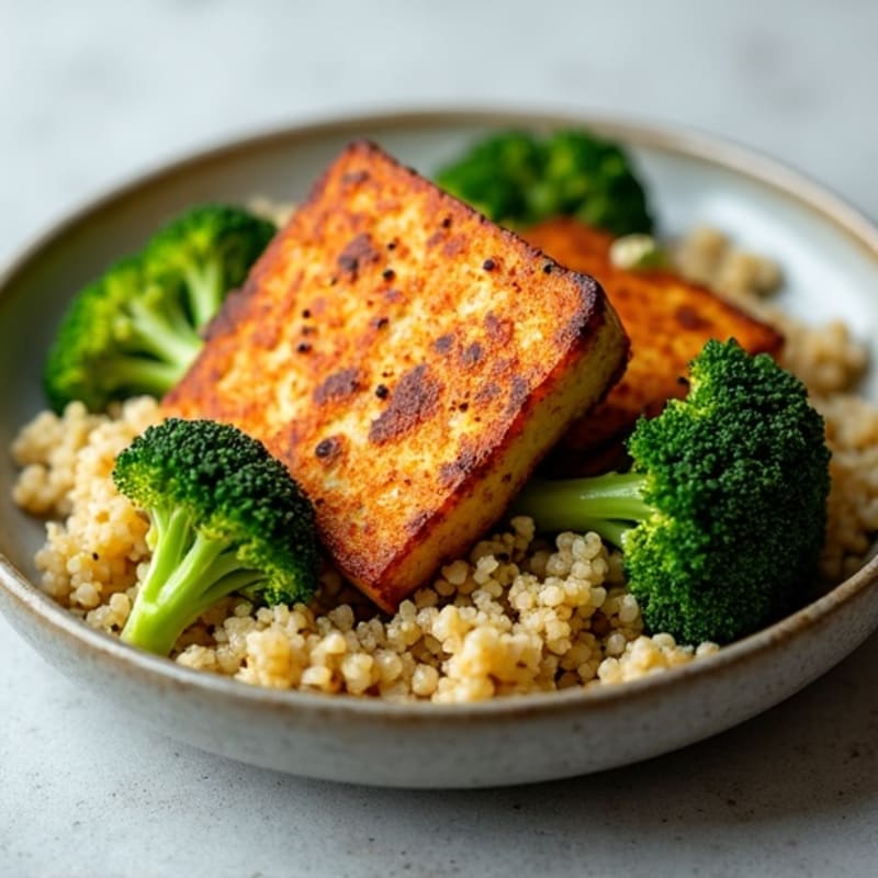 Crispy Pan-Seared Tofu with Roasted Broccoli and Quinoa