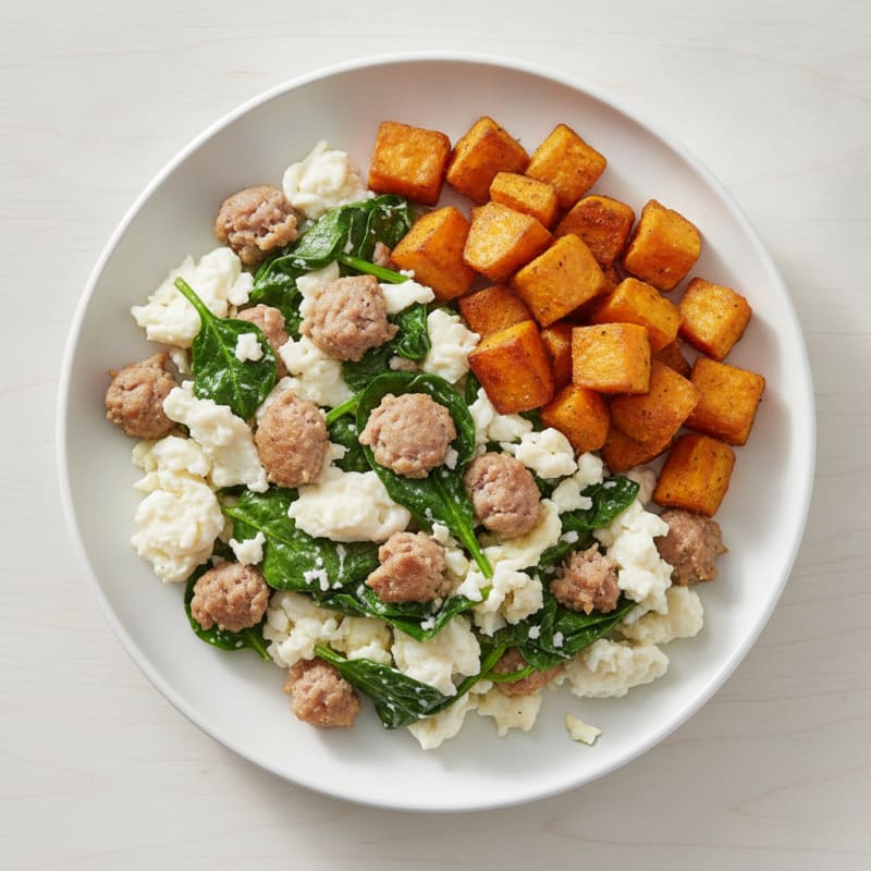 Egg White and Turkey Sausage Scramble with Sautéed Spinach